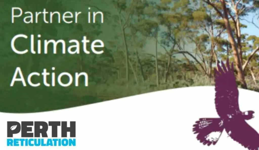 Perth Reticulation banner with 'Partner in Climate Action' text over Australian bushland and a black cockatoo silhouette.