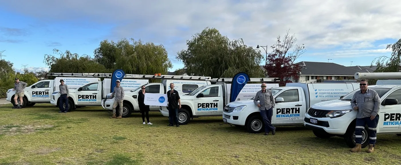 Perth Reticulation Experts fleet of branded work utes lined up