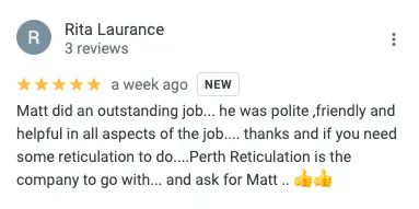 Google review for Perth Reticulation Experts