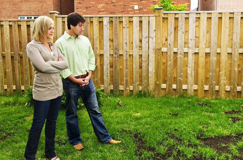 How to fix a patchy lawn - image of a couple assessing their patchy lawn